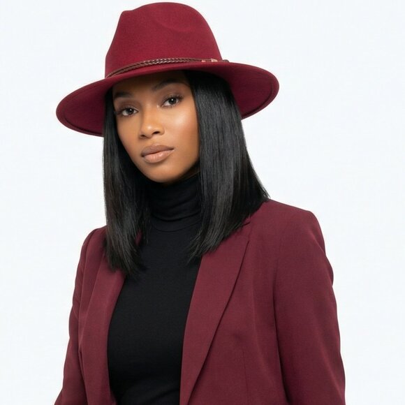 Passion of Essence Accessories - Burgundy Faux Wool Fedora Adjustable Hat